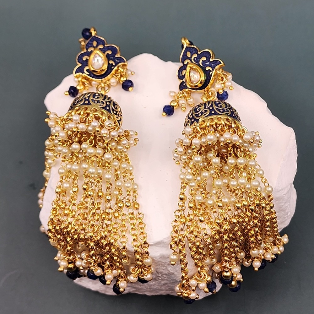 Indian Jhumka Gold Tone Blue Enamel Faux Pearl Long Tassel Chandelier Earrings
